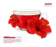 Realistic hibiscus tea cup, flower of flavor drink vector