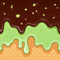 Chocolate pistachio ice cream and waffle pattern vector