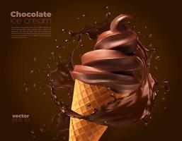 Chocolate ice cream dessert wafer cone with splash vector