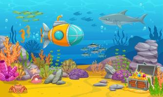 Underwater game landscape with submarine, chest vector