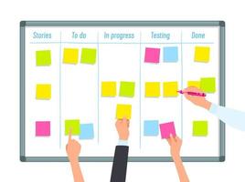 Scrum task board with hands, project management vector