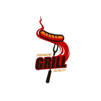 Bbq grill icon of barbecue fork with meat sausage