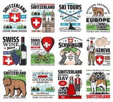 Switzerland travel, swiss culture symbols icons vector