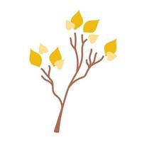 Tree branch with yellow leaves. Hand drawn plant in cartoon style. Vector art isolated on white background.