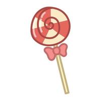 Cute red lollipop with bow. Cartoon style. Hand drawn vector illustration isolated on white background.