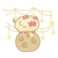 Fluffy pig standing on the planet. Kawaii character holds a decoration with stars in its mouth. Fantasy illustration. Vector isolated on white background.