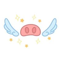 Pig snout with wings. Kawaii element for design. Cute sticker in cartoon style. Fantasy illustration. Vector isolated on white background.