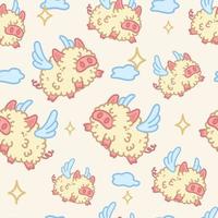 Cutie fluffy pig flying in sky. Magic seamless pattern. vector