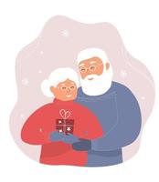 An elderly couple celebrates Christmas, gives gifts. Grandpa and grandma hug each other with love. Vector graphics.
