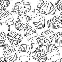 Seamless pattern with cupcake black white. Hand draw line art outline vector illustration