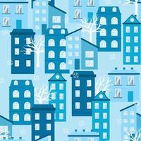 Seamless city pattern with house building and tree in winter. Vector illustration