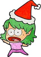 textured cartoon of a shocked elf girl wearing santa hat vector