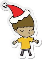 sticker cartoon of a calm boy wearing santa hat vector