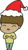 happy line drawing of a boy wearing santa hat vector