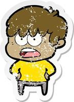 distressed sticker of a worried cartoon boy vector