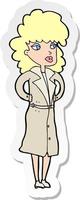 sticker of a cartoon woman in trench coat vector