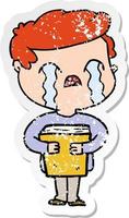 distressed sticker of a cartoon man crying holding book vector