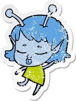 distressed sticker of a cute alien girl cartoon vector