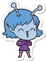 sticker of a cartoon happy alien girl vector