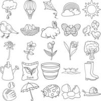 Spring Hand Drawn Doodle Line Art Outline Set vector