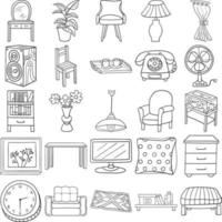 Living Room Hand Drawn Doodle Line Art Outline Set vector