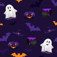 Halloween orange and purple festive seamless pattern. Endless background with pumpkins, jack o lantern funny smiling face, bats, witch cauldron with potion, hat, ghost. Template design for decoration vector