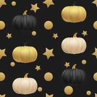 Autumn seamless pattern background with pumpkins polka dots, stars. Luxury realistic golden, black, white pumpkin vegetable for Thanksgiving or Halloween. Fall harvest festival. Vector illustration.