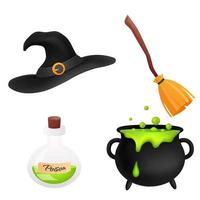 Halloween set of magic wizard  black witch hat, broomstick, black cauldron with green sticky potion, Bottle of liquid poison. Stickers collection isolated on white. vector