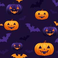 Halloween orange and purple festive seamless pattern. Endless background with pumpkins, jack o lantern funny smiling face, bats. Cartoon texture for print. Template design for scrapbooking. Decoration vector