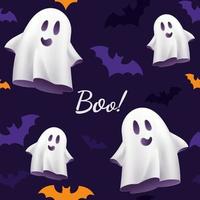 Halloween orange and purple festive seamless pattern. Endless background with bats and ghosts. Poltergeist spirit. Costume of monster for Halloween. Boo text Template design for decoration vector