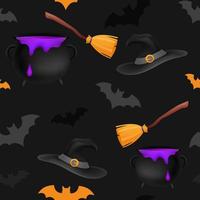 Halloween orange and black festive seamless pattern. Endless background with bats, witch magic cauldron with potion, hat, broomstick, wizard staff. Template design for decoration vector