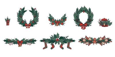 elementos de diseño de navidad con muérdago, bayas, pelotas, calcetines, árboles, galletas, regalos, velas, linterna, hojas. perfecto para invitaciones navideñas, tarjetas de felicitación de invierno, papel tapiz vector