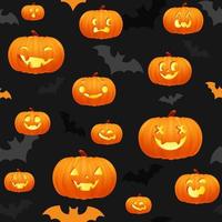 patrón transparente festivo naranja y negro de halloween. fondo sin fin con calabazas, jack o linterna cara sonriente divertida, murciélagos. textura de dibujos animados para imprimir. diseño de plantilla para álbumes de recortes. decoración vector