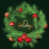 Floral frames and backgrounds design. Christmas Wreath with fir twigs and red balls naturalistic looking pine branches. Holiday cards and invitations. Green background happy holiday vector