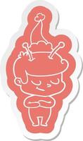 friendly cartoon  sticker of a spaceman wearing santa hat vector