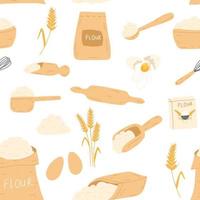 Seamless pattern with baking ingredients in flat style on white background. Bag with flour, eggs, kitchen whisk, rolling pin, wheat ear spikelet. Vector illustration of pastry cooking for backery