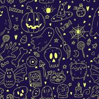 Seamless pattern with doodle cartoon Halloween objects in yellow neon color on violet background. Sketch of ghost, pumpkin, bone, poison, skull, spell book, cat, candle, bat, grave vector