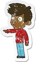 retro distressed sticker of a cartoon pointing boy vector