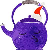 retro cartoon of a kettle wearing santa hat vector