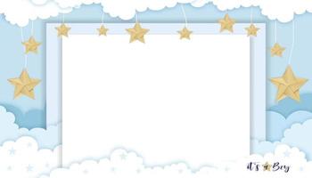 tarjeta de baby shower sobre fondo azul para niño, arte de papel de ilustración vectorial origami abstracto cloudscape y estrellas en el cielo azul, corte de papel lindo con espacio de copia para las fotos del bebé vector