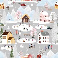 Seamless pattern Winter wonderland landscape in village,Vector Happy kid playing ice skates in the park, Endless Winter city nightlife on holiday for Christmas and new year 2023 background vector