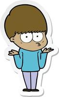 sticker of a confused cartoon boy shrugging shoulders vector