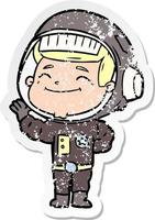 distressed sticker of a happy cartoon astronaut vector