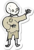 sticker of a cartoon skeleton waving vector