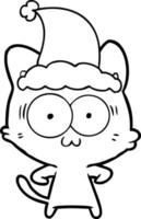 dibujo lineal de un gato sorprendido con sombrero de santa vector