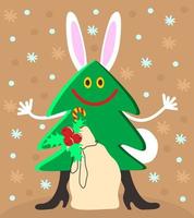 Happy smiling Christmas tree with ears and tail of rabbit. vector