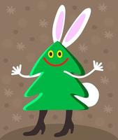 Happy smiling Christmas tree with ears and tail of rabbit. vector