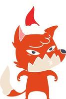 clever flat color illustration of a fox wearing santa hat vector