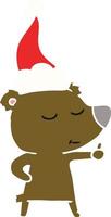 happy flat color illustration of a bear giving thumbs up wearing santa hat vector