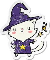 distressed sticker of a cartoon cat wizard vector